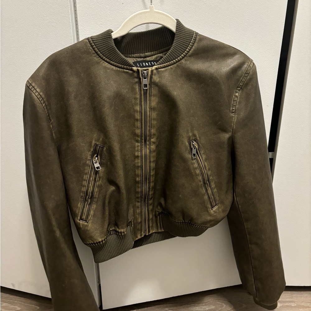 LionessOlive Leather Bomber Jacket